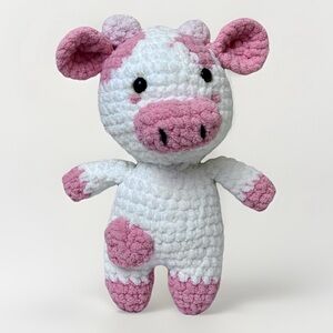 Pink and White Handmade Crochet Cow Plush with Hearts